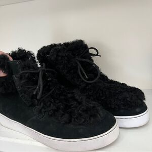 Vionic Splendid Oak Black Suede Ankle Boots Fur Trim Womens Size 9